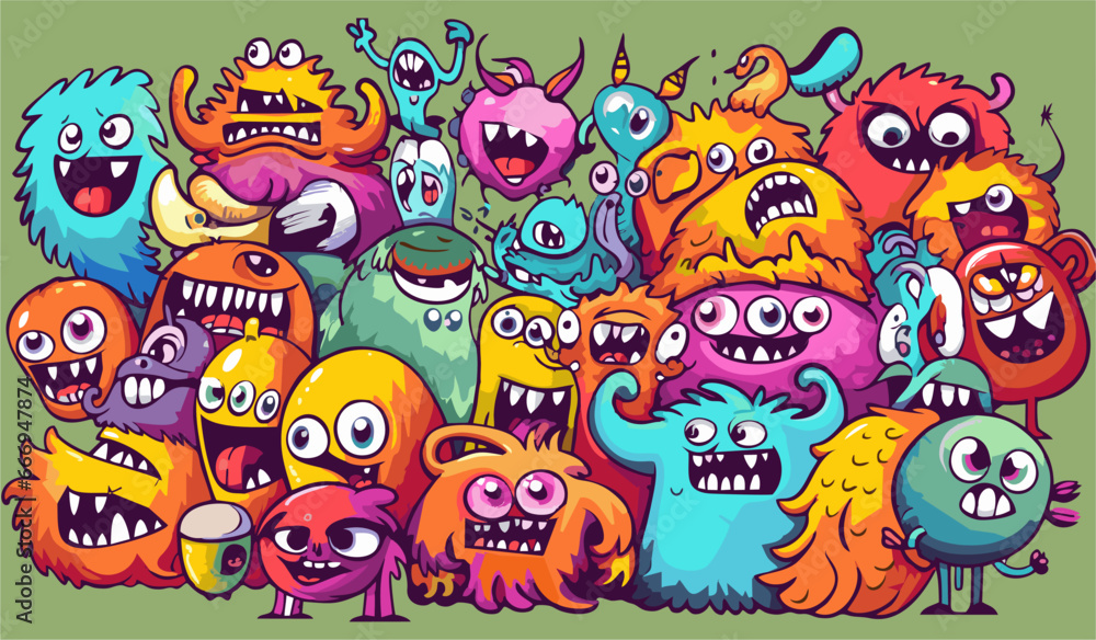 Colorful Pattern with Cute Funny Monster Characters.