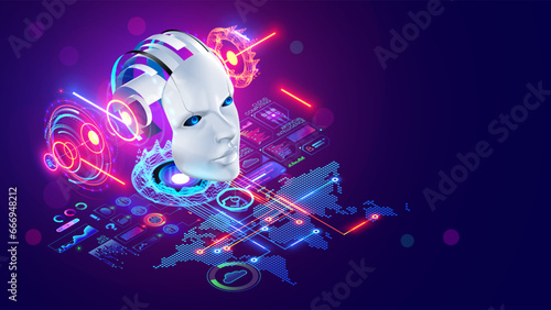 AI technology concept. Robot or chat bot head hanging over digital map of world. Artificial intelligence communication with different places on globe for business. Cyborg face analysis global data.