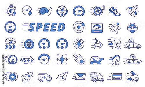 Speed icons set in line design blue. Fast, Speedometer, Rapid, Quick, Slow, Low speed, Run, Velocity, Turbo, Arrows, Quickness, High speed vector illustrations. Editable stroke icons.