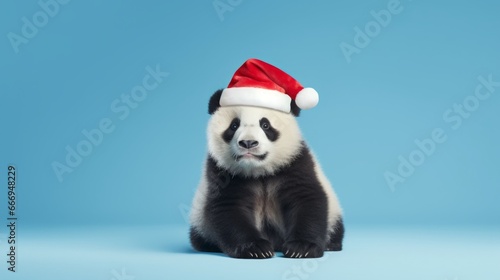 Christmas baby panda bear. Santa hat on panda. Close up on bear. Blue background.