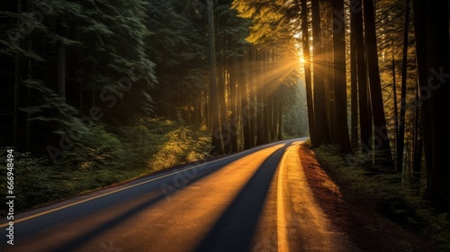 A sunlit road disappearing into a dense forest