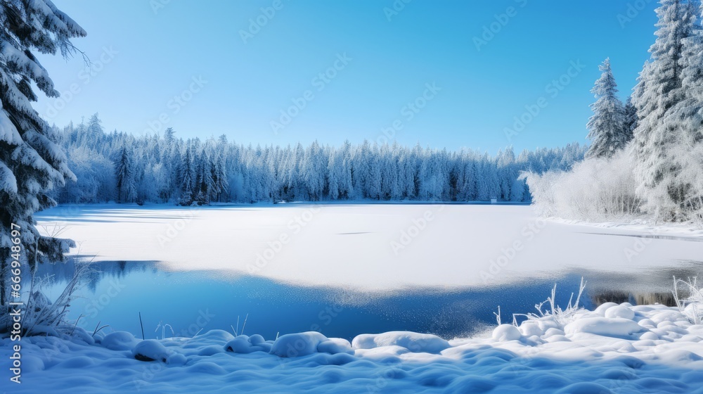A snowy, winter wonderland with frozen lakes A snowy, winter wonderland with frozen lakes