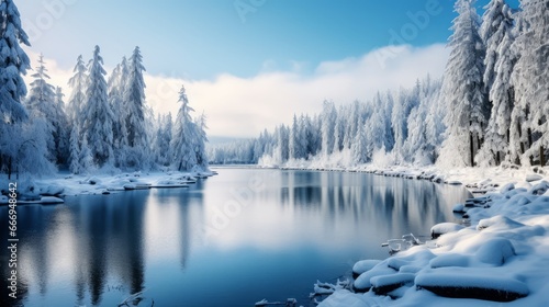 A snowy, winter wonderland with frozen lakes