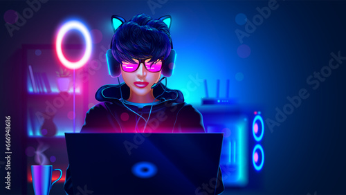 Gamer girl with laptop in dark room with neon lights. Girl teen in hoodie play online video games on laptop at night. Gamer in headphones look at laptop. Video Gamer Room with gaming PC computer.