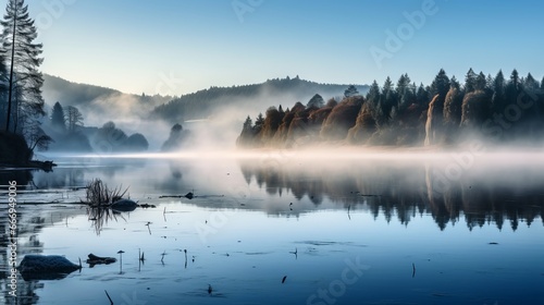 A serene morning fog over a tranquil lake