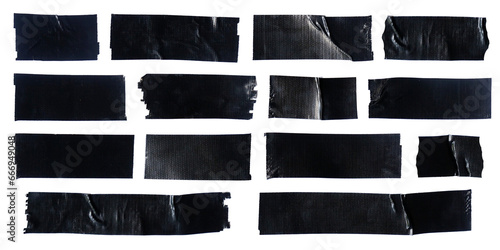 Set of different black scotch sticky tapes isolated on white background. Torn wrinkled sellotape pieces collection.