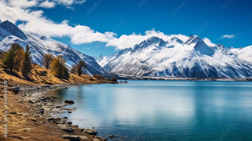 A serene lake surrounded by snow-capped peaks