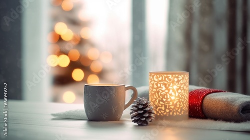 Christmas still life with mug of hot coffee or cocoa. AI Generative