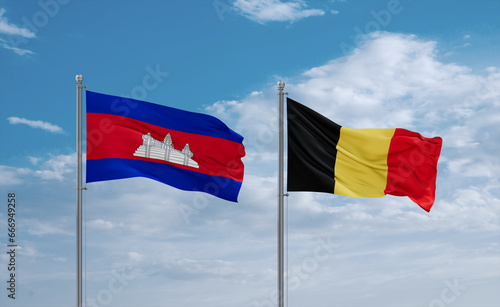 Belgium and Cambodia flags, country relationship concept