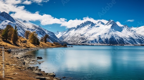 A serene lake surrounded by snow-capped peaks © Cloudyew