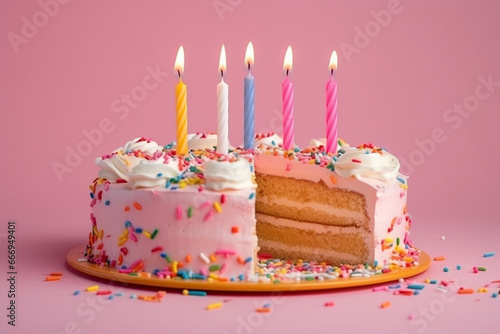 Cheerful Birthday Cake with Sprinkles, Ten Candles on Pink Background - Created with Generative AI Tools
