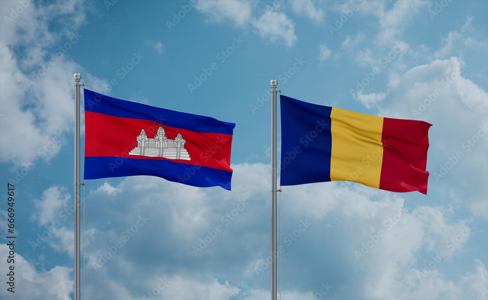 Romania and Cambodia flags, country relationship concept Romania and Cambodia flags, country relationship concept
