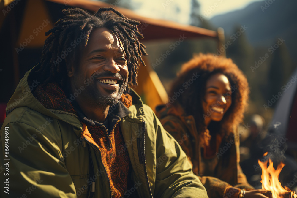 Portrait of happy multiethnic couple in the mountains against the backdrop of a tent camp. Young international family is engaged in a mountain hiking. Active lifestyle, tourism and vacation concept.