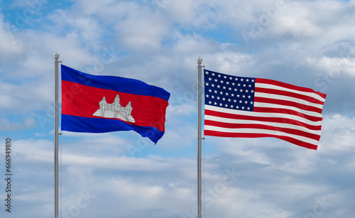 USA and Cambodia flags, country relationship concepts