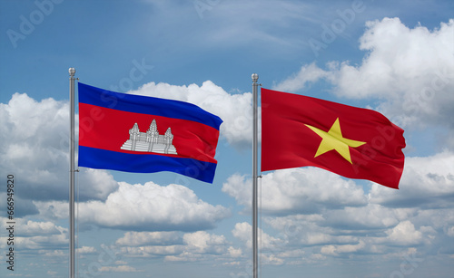 Vietnam and Cambodia flags, country relationship concept