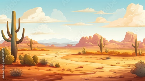 A serene desert landscape with cacti and sand