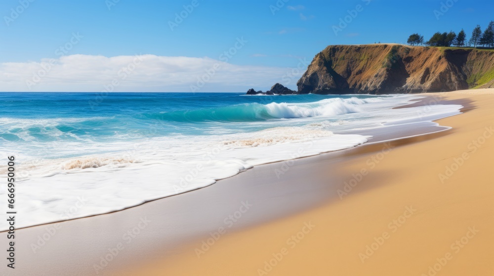 A serene beach with golden sand meeting the ocean