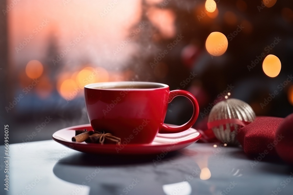 Fototapeta premium Christmas still life with mug of hot coffee or cocoa. AI Generative