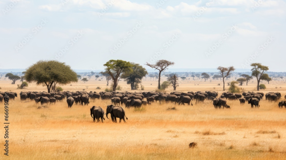 A savanna with herds of wild animals roaming A savanna with herds of wild animals roaming