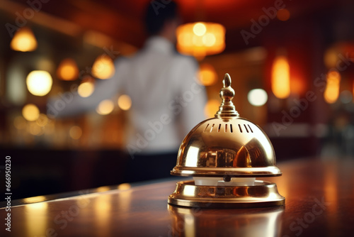 Close up of hotel service bell on modern hotel counter in background of staff working at the hotel. Travel concept of vacation and holiday. photo