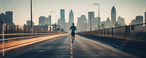 Silhouette of male runner in sportswear on empty road in evening.