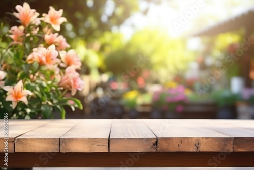 empty wooden table on a background of flowers
