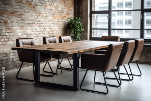 empty wooden meeting table on the background of a modern office in loft style