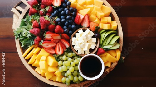 An overhead shot of a stylishly presented fruit platter