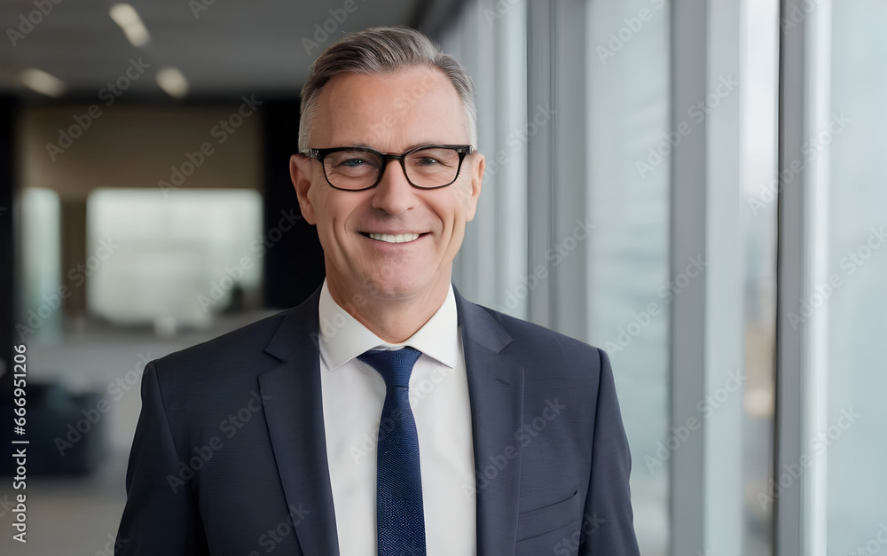 Cheerful 45-Year-Old Banker: Headshot of a Mature Business CEO with Glasses in Office Ambiance