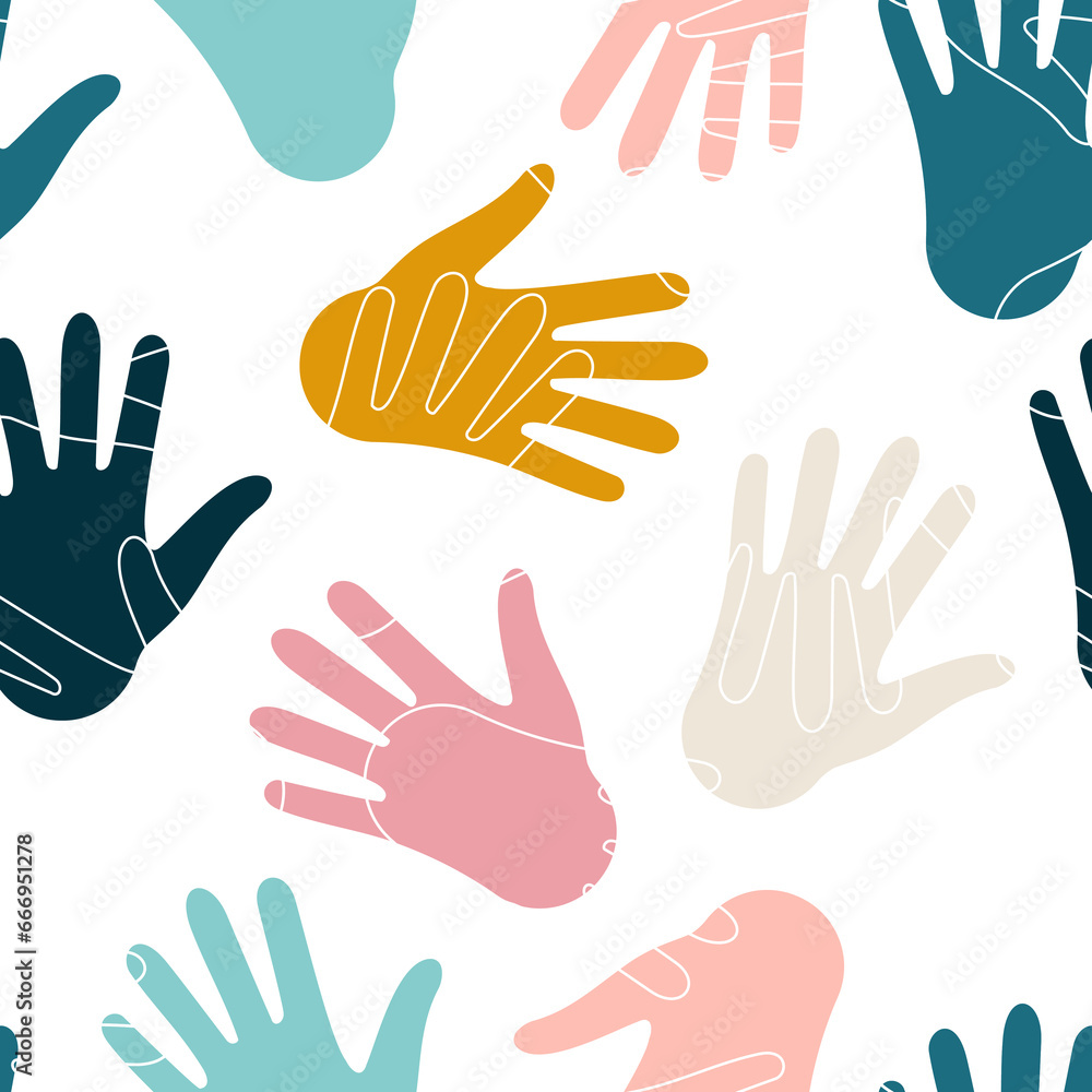 Fototapeta premium Hands of people of different nationalities form a seamless abstract pattern with multi-colored palms on a white background for textile. 