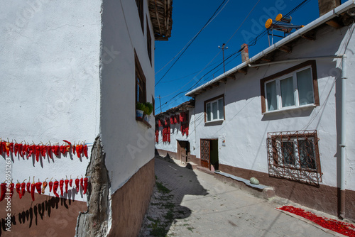 Red chili peppers are hanged on the wall. We dry the long red pepper by hanging it in the shade. Long red peppers drying on the walls. 
Cukuroren Village, Bilecik Türkiye. photo