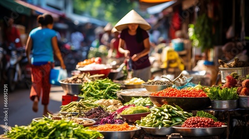 A vibrant street market scene with a diverse array of global cuisine photo