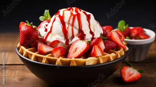 A waffle bowl filled with scoops of strawberry