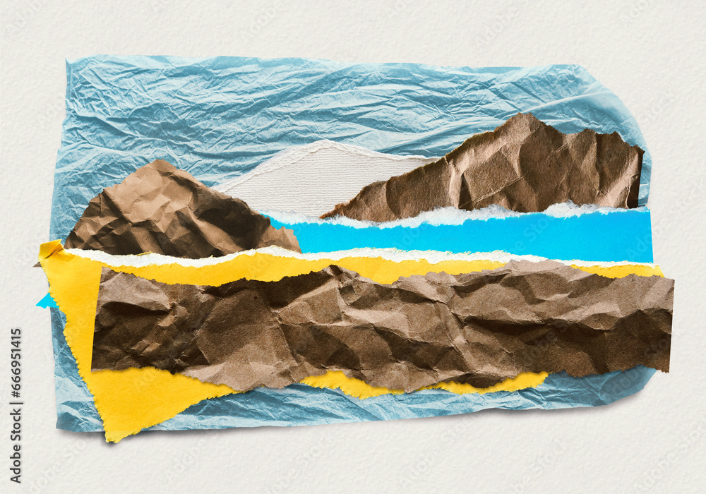 Abstract collage made from torn crumpled colored paper with copyspace craft banner. Blue sea, rock mountained island and yellow sand shore layered artistic image. Analog art. Ukraine's flag colored.