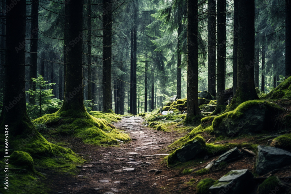 Footpath in forest, nature, banner, aesthetic look