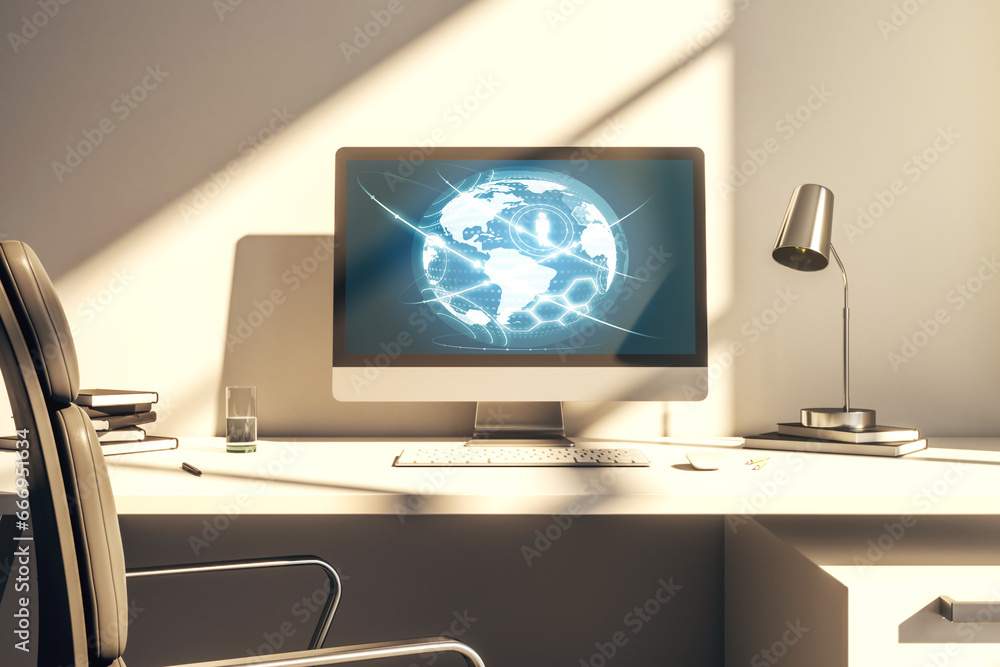 Social network media concept with world map on modern computer monitor. 3D Rendering Social network media concept with world map on modern computer monitor. 3D Rendering