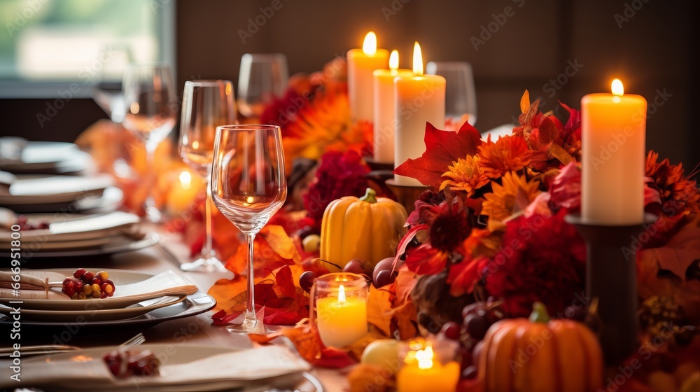 A Thanksgiving table adorned with autumn leaves and candles