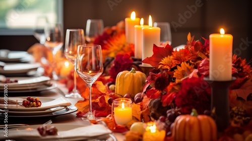 A Thanksgiving table adorned with autumn leaves and candles