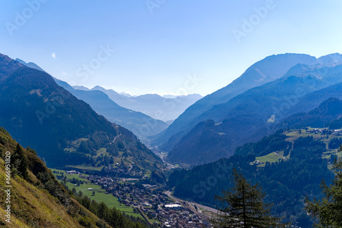 Scenic view of mountain village Airolo with Leventina Valley in the Swiss Alps on a sunny late summer day. Photo taken September 10th, 2023, Gotthard, Canton Ticino, Switzerland.