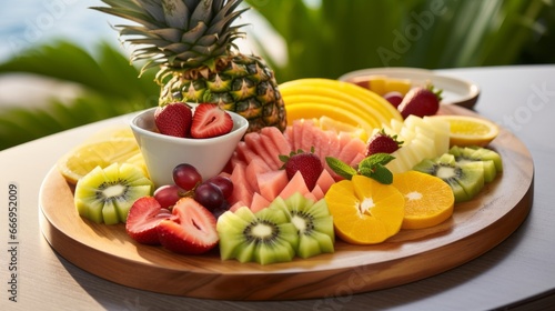 A stylishly presented fruit platter with a mix of tropical fruits