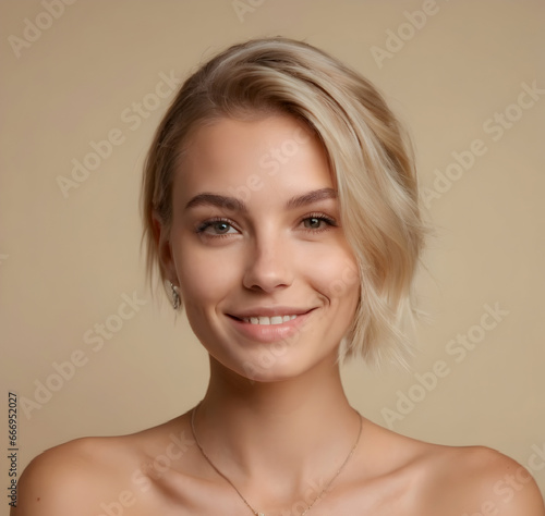 Radiant Blonde Beauty  Close-Up of Young Girl with Tattoos and Flawless Skin Smiling Directly at the Camera