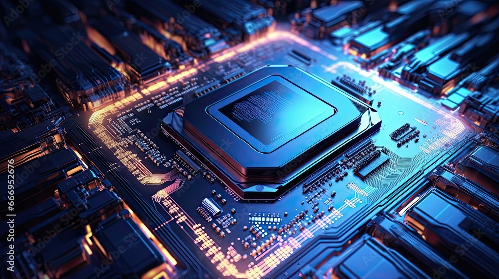 A close up of a computer motherboard (super GPU) with neon colors. A close up of a computer motherboard (super GPU) with neon colors.