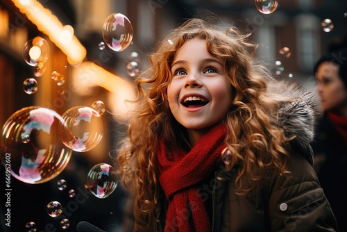On a festive Christmas day, a girl is overjoyed as she witnesses something magical, with the bustling street in the background. Photorealistic illustration