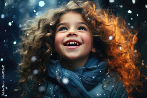 On a joyful Christmas day, a girl stands outside, looking up with delight as she watches something special in the snowy sky. Photorealistic illustration