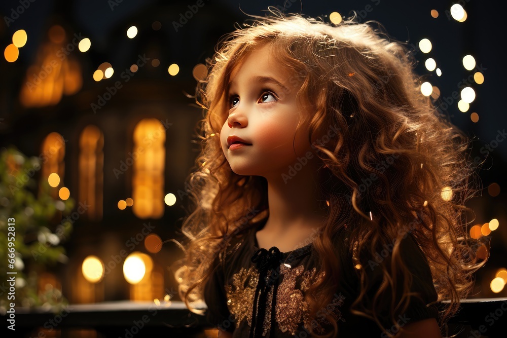 A little girl waits for Santa to fly by on Christmas, with blurred holiday lights in the background. Photorealistic illustration A little girl waits for Santa to fly by on Christmas, with blurred holiday lights in the background. Photorealistic illustration