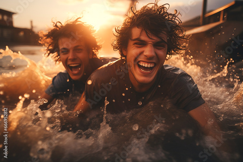 Surf sonrisa amigos divirtiendose fotografia estilo gopro atardecer - Deportes acuáticos oceano photo