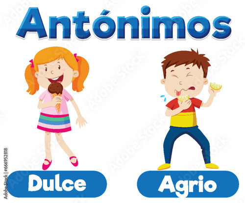 Dulce and Agrio: Spanish Antonym Word Card means sweet and sour