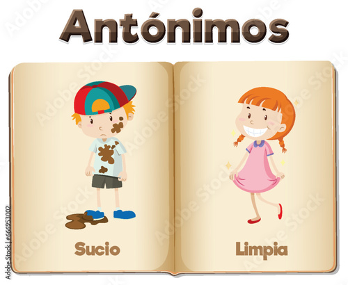 Sucio and Limpia: Antonym Word Card in Spanish dirty and clean