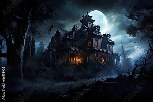 Full moon shines over a creepy haunted house. Great for stories of horror, Halloween, October, spooky, witchcraft and more. 