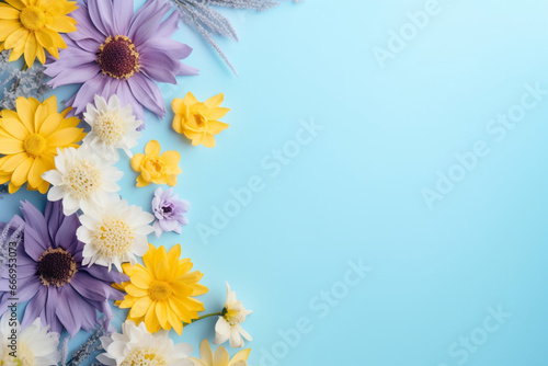 Flowers composition, Yellow and purple flowers on pastel blue background, Spring, easter concept, Flat lay, top view, copy space, aesthetic look
